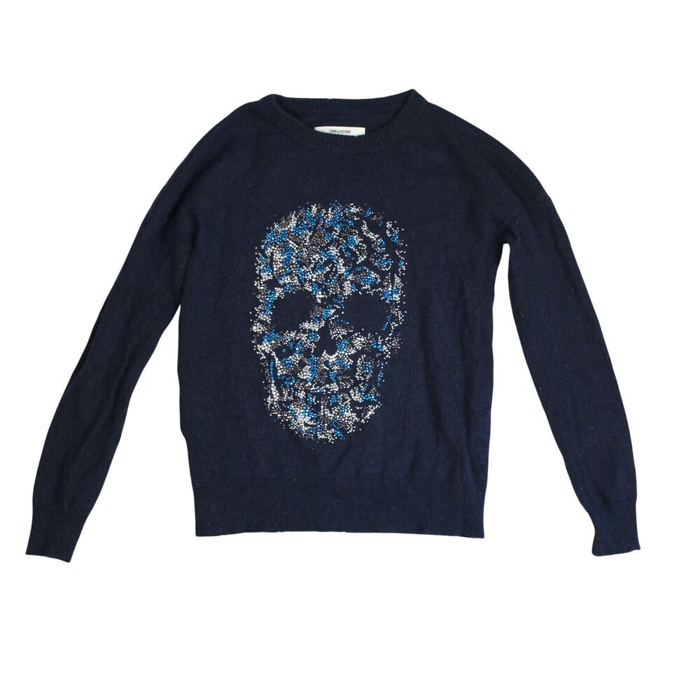 Zadig Voltaire Skull Sweater Womens XS Blue Cashmere Wool Rhinestone Rocker Glam